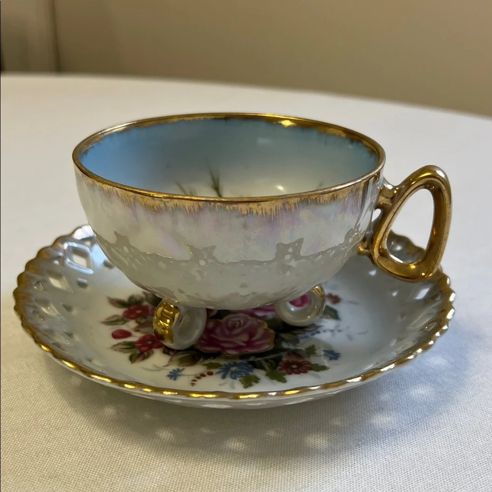 Vintage Iridescent Lusterware Moriage Footed Teacup Reticulated Saucer Pink Rose